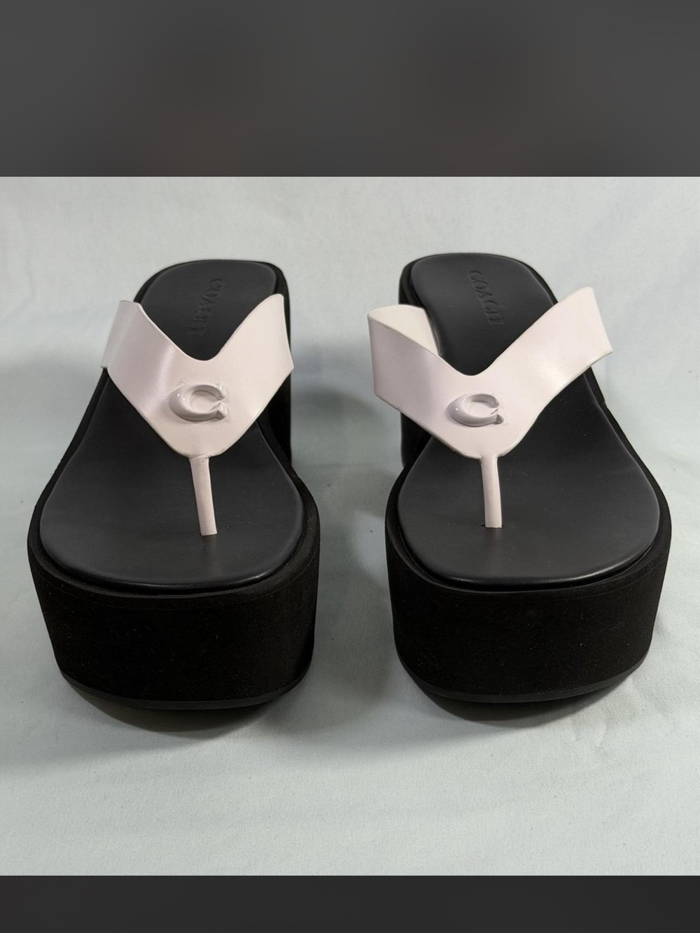Coach Black Platform Thong Sandals with White Straps